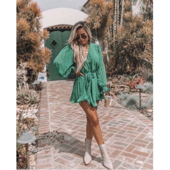 Endless Rose Pants - Endless Rose Green Polka Dot Pleated Long Sleeve Wide Leg Romper with Tie Waist